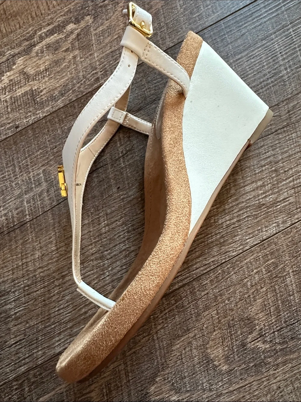Ralph Lauren Lauren white Wedge Thong Sandals with Gold logo Accent